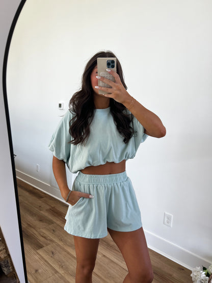 Baby Blue Bubble Crop Top Set