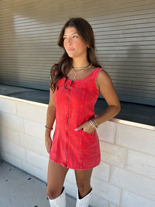 Red Washed Denim Mini Dress