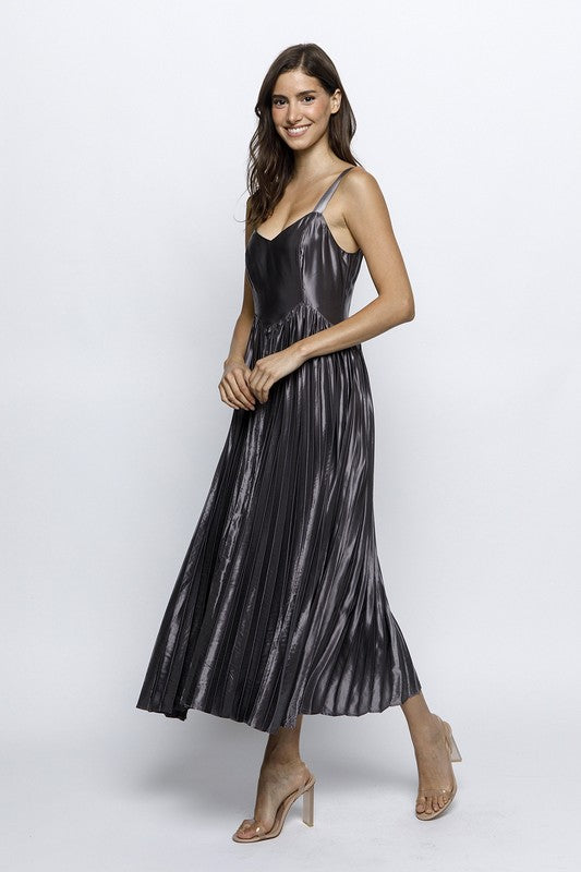 Grey Metallic Pleat Midi Dress